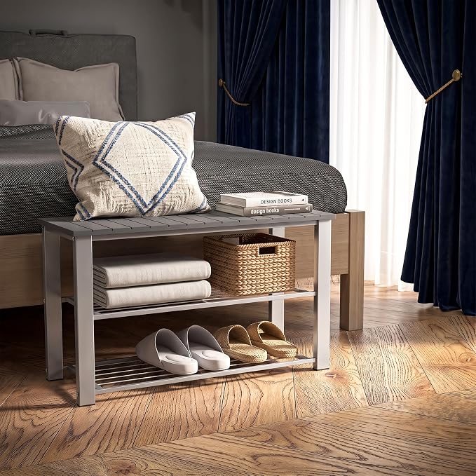 Simple Houseware Wood Top Shoe Storage Bench for Entryway, Grey