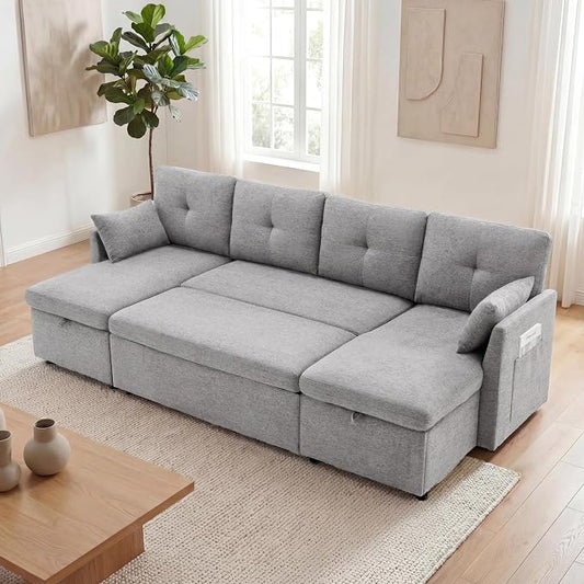 Huatean Home Oversized Sleeper Sofa Couch, 100 inch 2 in 1 Pullout Couch Bed with Side Pockets for Living Room, Sectional Sleeper Sofa Bed with Double Storage Chaise, LightGrey
