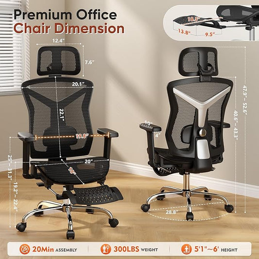Ergonomic Office Chair with Footrest, Desk Chair Comfy with 3D Adjustable Lumbar Support & Arm & Headrest, 4 Gear 90°-135° Tilt, Wide Air Mesh Seat, Heavy Duty Class-4 Gas Lift, Computer Gaming Chair
