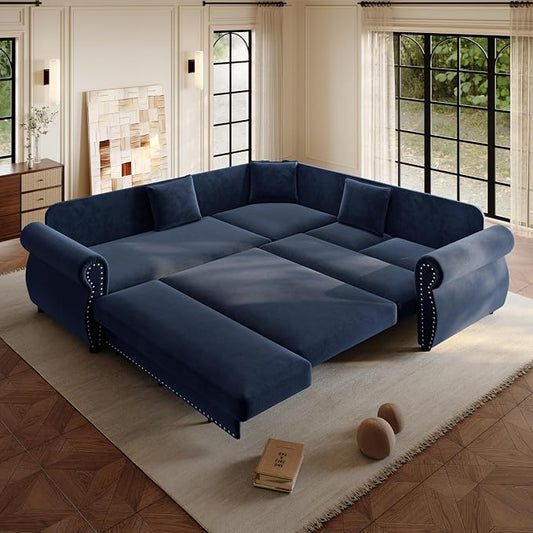 88.2" Sectional Sleeper Sofa with Pull Out Bed - Oversize L-Shaped Convertible Sleeper Couch Bed, Button Tufted Chesterfield Sofa, Chenille Vintage Couches for Living Room/Apartment(4-Seater, Blue)