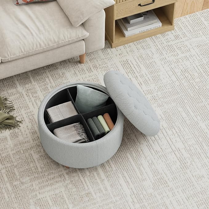 25Inch Round Ottoman with Storage, Tufted Fabric Modern Circle Ottoman with Reversible Tray Lid and Wood Legs, Multi-Functional Small Coffee Table for Living Room, Bedroom, Gray
