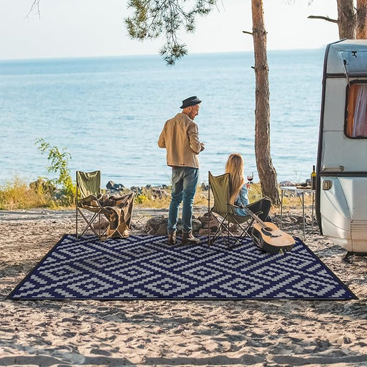 GENIMO Outdoor Rug for Patio Clearance, 8'x10' Waterproof Camping Mat, Reversible Plastic Straw Rugs for RV, Camper, Balcony, Backyard, Picnic, Deck (Blue & Grey)