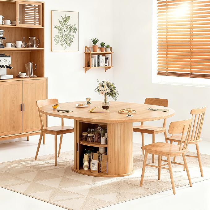 Wildhome Extendable Round Dining Table for 2-4-6, 63 Inch Dining Room Kitchen Table with 2-Tier Storage Shelf, Modern Farmhouse Fluted Wood Slide Door Dinner Furniture,Oval Circle (Oak-63 Inch)