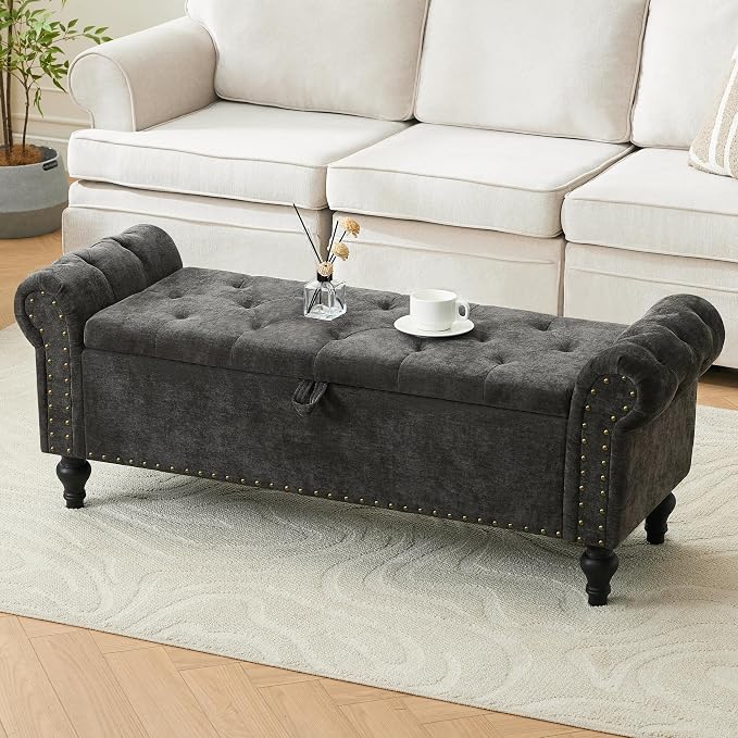 51" Storage Bench for Bedroom, Upholstered Ottoman Bench, Chenille DarkGray | End of Bed Bench for Bedroom, Window Benches for Living Room, Entryway, Ottoman with Large Storage Space, Pet Friendly