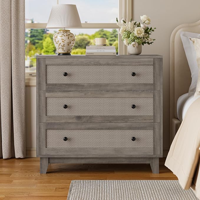 Rattan 3 Drawer Dresser for Bedroom, Small Boho Dresser with Wood Handles, Wood Nightstand, 29.52" Wide Modern Dresser, Chests of Drawers for Living Room, Entryway, Hallway, Wood Gray