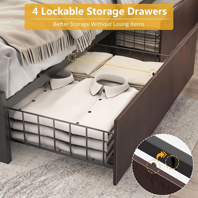 Lifezone Queen Bed Frame with 2-Tier Storage Headboard, Metal Platform Bed Frame with 4 Storage Drawers, Built in Charging Station & LED, Noise-Free/Metal Support/No Box Spring Needed, Coffee Brown