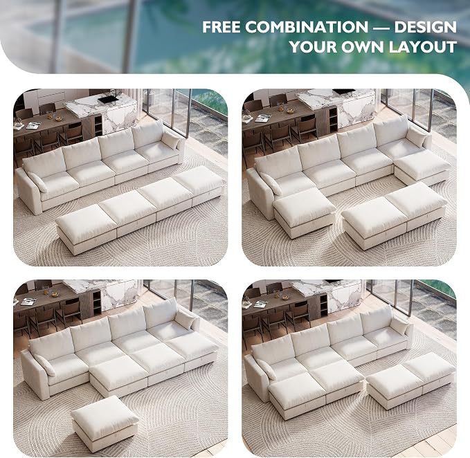 Ihanherry 152" Oversized Modular Sectional Sofa, Modern Cloud Couch with 4 Storage Ottoman, 8-Seat Comfy Chenille Deep Seat Sofa with 2 Pillows for Living Room, Beige