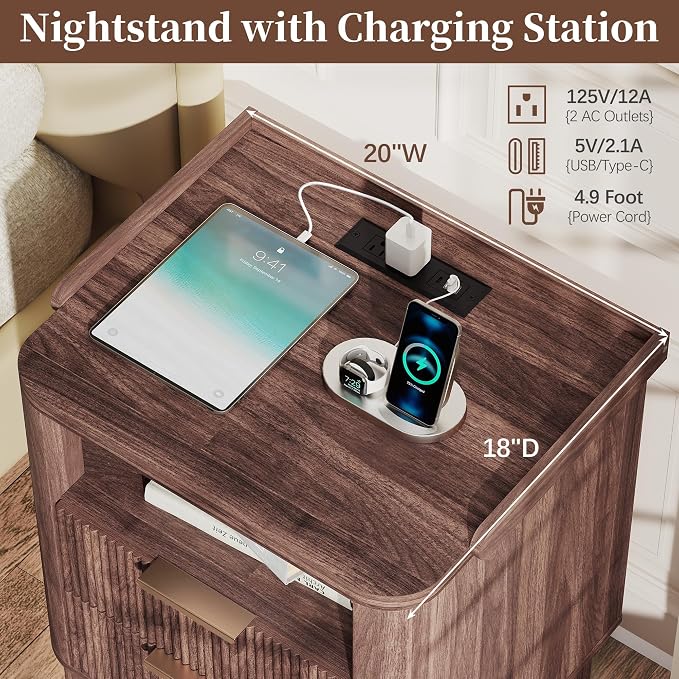 Baoz Walnut Fluted Nightstand with Charging Station & 2 Wooden Drawers | 20" Wide Mid Century Modern Bedside Table Wood Curved Profile Design 27in Tall LED Night Stand