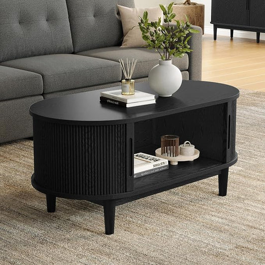 LINSY HOME Round Coffee Table, 31.5" Drum Coffee Table with Sliding Tambour Door, Fluted Accent Center Table with Storage, Mid Century Modern Coffee Table for Living Room (Oval Black)