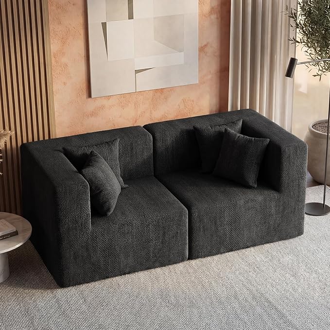MONVANE 75" Loveseat Sofa, Comfy Chenille Modular Sectional Sofa with 4 Pillows, Modern Deep Seat Boneless Couch, 2 Seater Sofa for Living Room, Bedroom and Apartment, Black