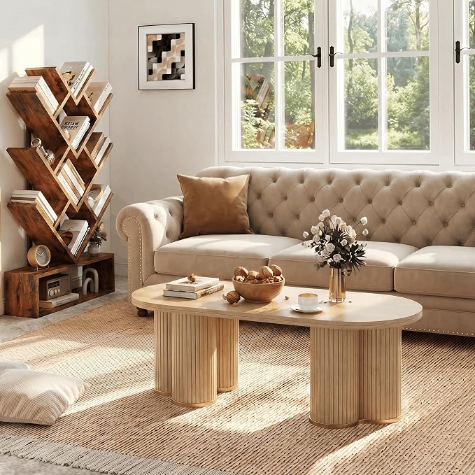 YOSHOOT Oval Fluted Coffee Tables for Living Room, 47" Wood Coffee Table | Modern Coffee Table for Living Room Home Office, Farmhouse Center Table, Oak