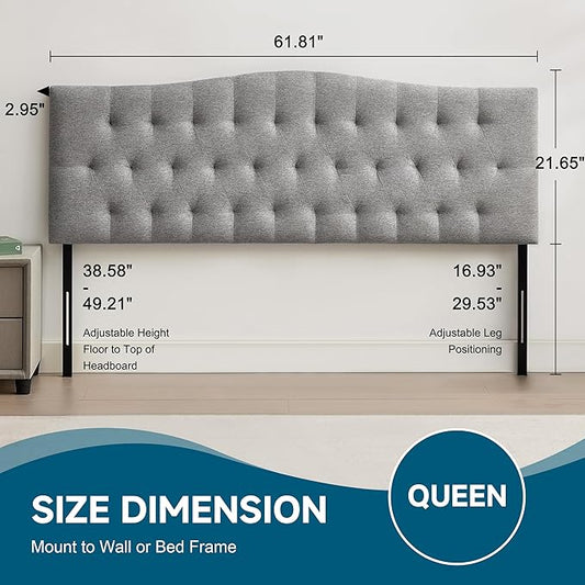 Tufted Upholstered Dorm Headboard Queen, Adjustable 38-50 in, Gray | Queen Size Upholstered Headboard for Dorm Rooms; Linen Fabric, Adjustable Height, Modern Diamond Design