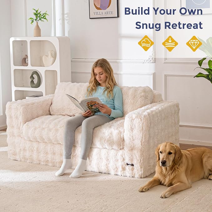 MAXYOYO Loveseat Sofa for Living Room, Small Sofa Couch Tufted Boneless Couch, Comfy Bean Bag Chair for Small Space Bedroom Apartment, No Assembly Needed, Beige