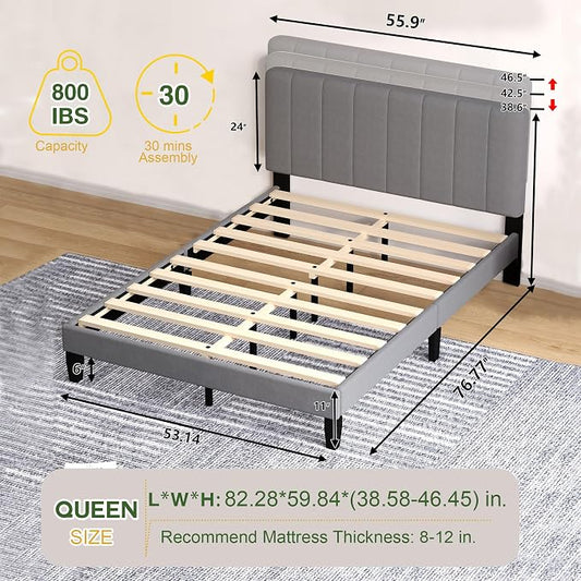 Queen Size Bed Frame with Headboard, Platform Bed with Soft Velvet Upholstered Headboard | Wooden Slats Support | Adjustable Height | No Box Spring Needed, Queen Bed Frame Grey