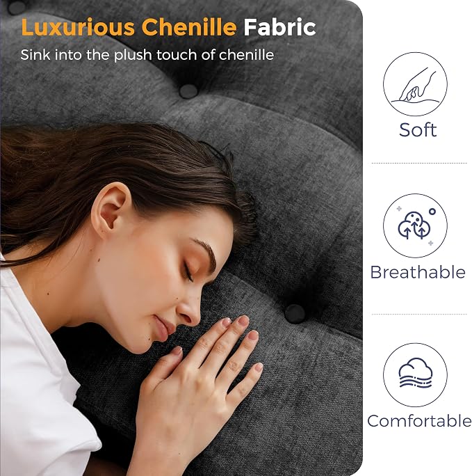 MAXYOYO 6" Folding Sofa Bed for Floor, Tufted Tri-Fold Floor Mattress with Chenille Fabric, Queen Size Portable Sofa Couch Guest Mat for Adults, Foldable Topper for Camping, Dark Grey, 59"x78.7"