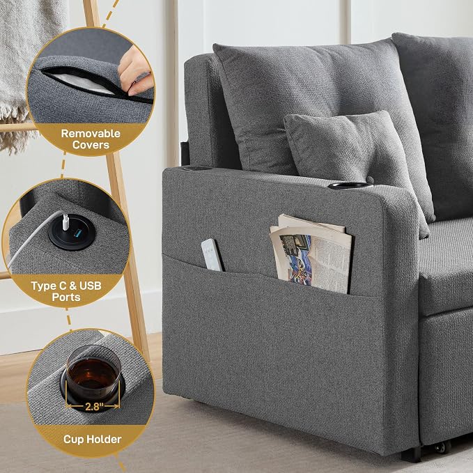 Busaurus Convertible Sleeper Sofa Bed, 56" Full Size Loveseat Sleeper Sofa, Comfy Pull Out Couch Bed with 4 Pillows, Pocket, USB, Small Couches for Small Spaces, Living Room, Bedroom, Apartment, Grey