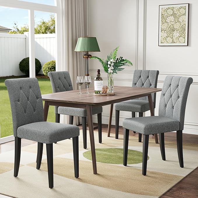 Welzona Upholstered Dining Chairs Set of 2, Button Tufted Parsons Dining Chair with Solid Wood Legs, Modern Fabric Side Chair for Dining Room/Kitchen/Restaurant/Hotel- Grey