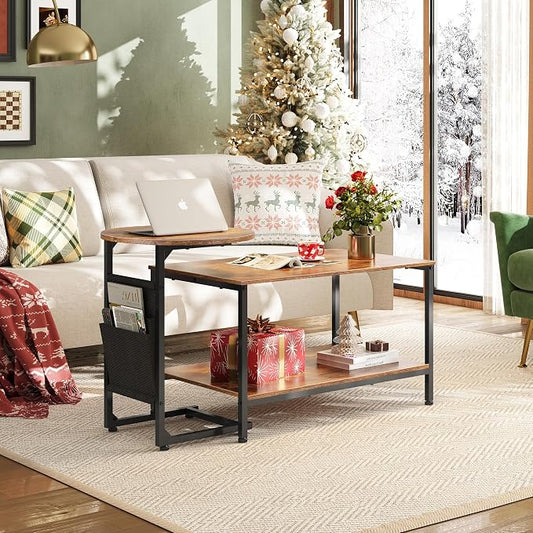 WLIVE Coffee Table, Small Coffee Tables for Living Room, Modern Center Table and Side Table Set with Storage Side Pouch for Bedroom, Apartment, Rustic Brown