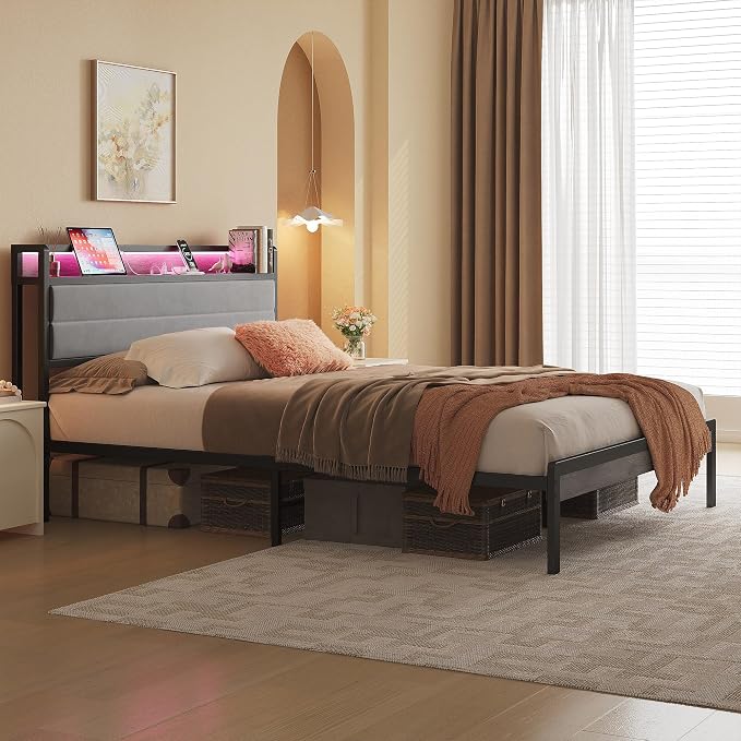 LIKIMIO Queen Bed Frame with Storage Headboard and LED Lights, Metal Platform Bed with Charging Station, Noise Free, No Box Spring Needed, Under Bed Storage, Charcoal Gray