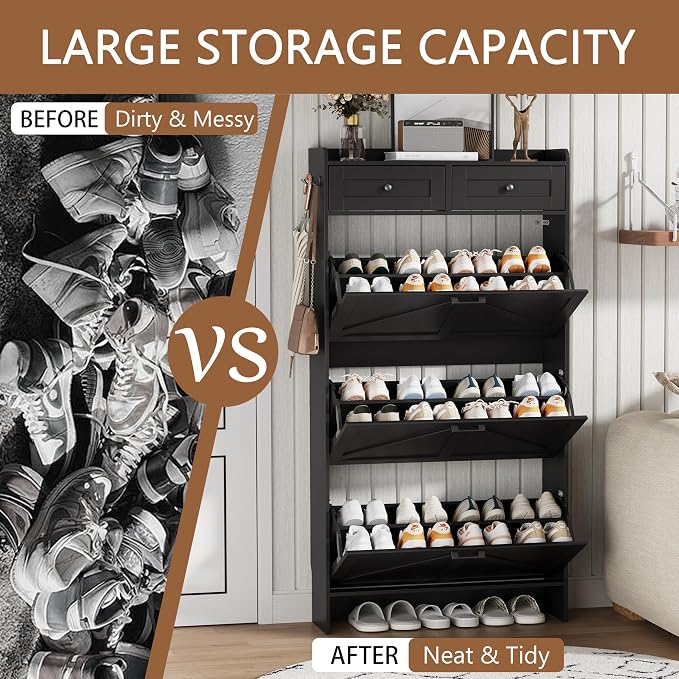 Shoe Cabinet with 3 Flip Drawers & 2 Top Drawers, 57" Tall Freestanding Narrow Wooden Shoe Storage Organizer for Entryway, Hidden Slim Shoe Rack for Front Door Entrance, Hallway, Living Room, Black