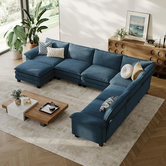 LINSY HOME Modular Sectional Sofa 6 Seat Couch Corduroy Cloud Couch with Deep Seat, Modern C-Shaped Cloud Couch for Living Room, Office, Bedroom, Blue