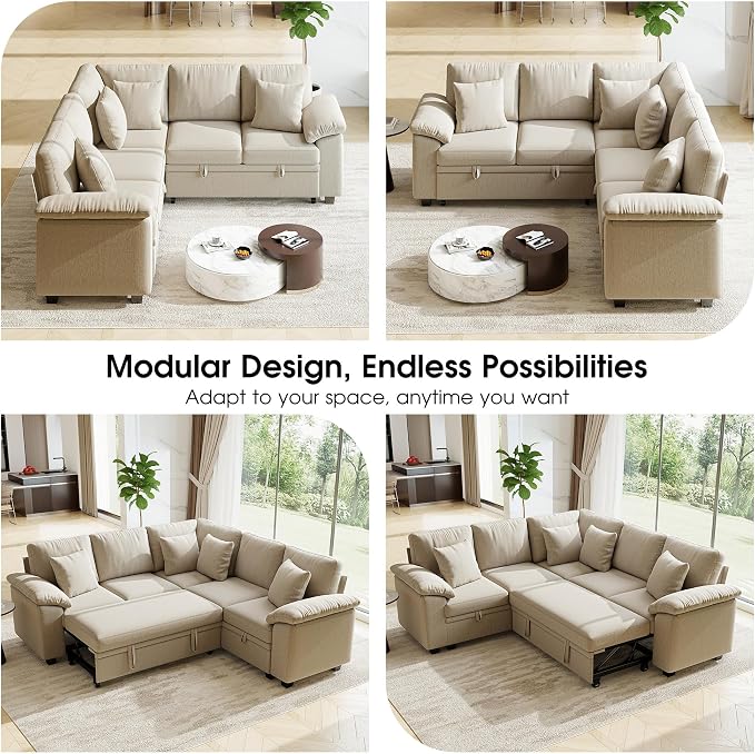 86" Modular Sectional Sleeper Sofa with Pull Out Bed, L Shaped 5 Seat Couch with 151L Storage, Convertible Cloud Couch Bed, Sectional Couches for Living Room, Apartment (Sand)