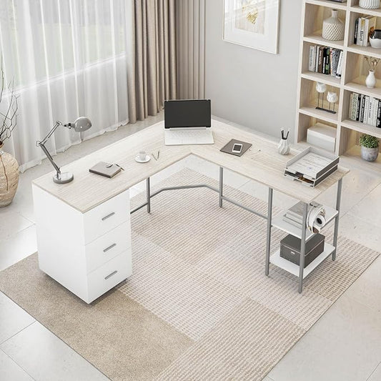 Techni Mobili L Shaped Desk - Two-Toned Computer Desk with Drawers & Storage Shelves - Simple Modern Furniture & Home Office Space Corner Table for Work & Writing | 59" two‑tone L‑shaped desk with storage shelves, durable frame, modern corner workstati...