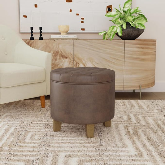 HomePop 19" Faux Leather Button Tufted Round Storage Ottoman - Brown