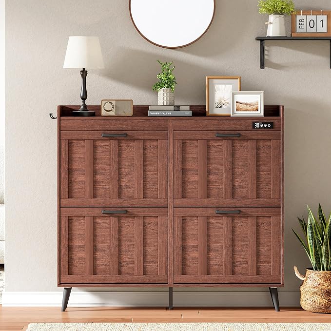 ChooChoo Shoe Storage Cabinet with 4 Flip Drawers, Deodorizing Shoe Organizer Storage for Entryway, Freestanding Hidden Slim Narrow Shoe Rack Cabinet, Walnut