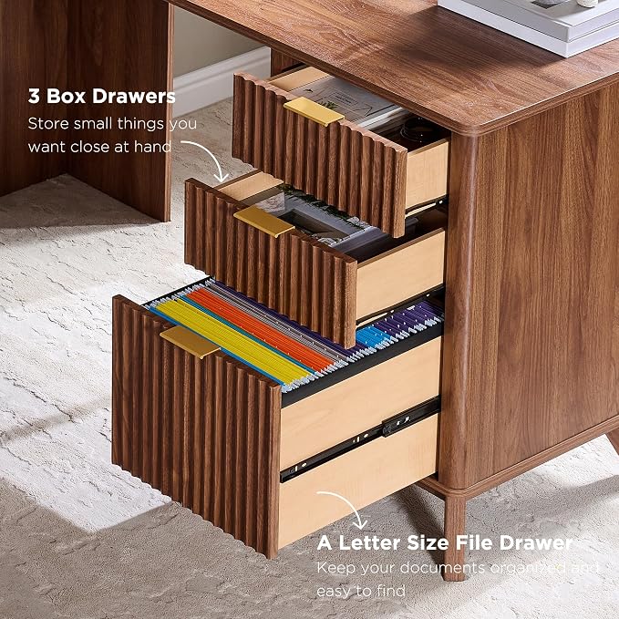 T4TREAM 60'' Fluted Executive L Shaped Desk, Modern Home Office Desk with Charging Station and File Drawer, Computer Corner Desks with Drawers & Storage Cabinet for Office Home, Bedroom, Light Walnut