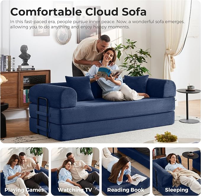 79" 5-in-1 Convertible Sofa Bed No Assembly, Boneless Couch Bed with High Density Foam, Foldable Sleeper Sofa, Corduroy Modular Couch for Apartment, Studio, Dorm Room, Small Space, Navy Blue