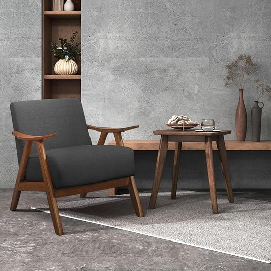 Lexicon Mid Century Modern Accent Chair with Solid Wood Frame in Walnut Finish, Upholstered Living Room Lounge Arm Chair, Thick and Comfy Innerspring Seat Cushion, Linen-Look Fabric, Dark Grey