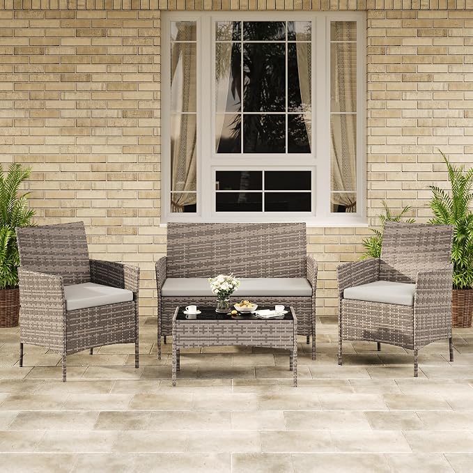 GAOMON 4-Piece Patio Furniture Set, Modern PE Rattan Conversation Set with 2 Chairs, Loveseat & Tempered Glass Coffee Table, All-Weather Outdoor Seating for Garden, Porch, Balcony, Poolside