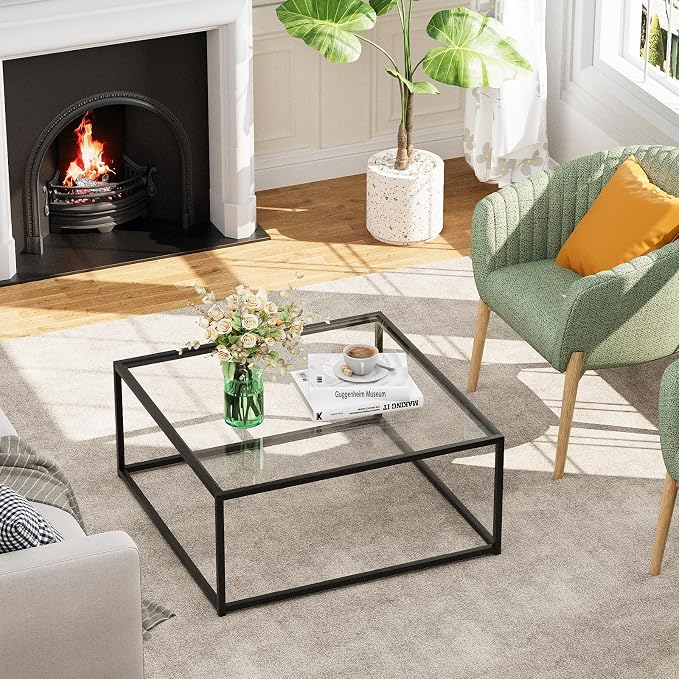 Black Glass Coffee Table for Living Room,Square Coffee Tables for Small Spaces,Simple Tea Cocktail Modern Center Tables, Living Room Tables,Easy Assembly,26 * 26in(Black & Clear Glass)