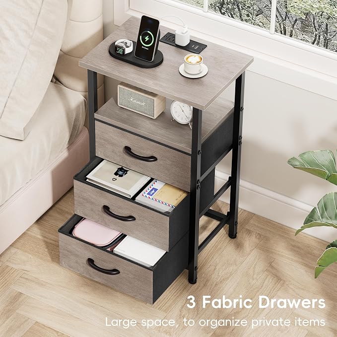 Vagusicc Night Stand Set 2 with Charging Station, LED Nightstand for Bedroom, Bedside Table with 3 Fabric Drawers, End Table Side Table with USB Ports & Outlets, Bed Side Table for Bedroom, Greige