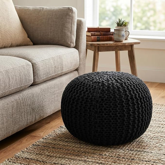 BIRDROCK HOME Round Pouf Ottoman Foot Rest - 18.5”x18.5”x15” Boho Compact Comfortable Soft Cotton Braided Foot Stool with Bean Bag Filling for Living Room, Bedroom, or Nursery (Charcoal Gray)