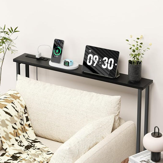 GRLEAF 39" Narrow Console Sofa Table with Built-in Power Strip (2 AC Outlets & 2 USB Ports) – 4.9ft Power Cord, Metal Frame, Easy Assembly, Ideal for Behind Couch, Hallway, and Home Office | Black