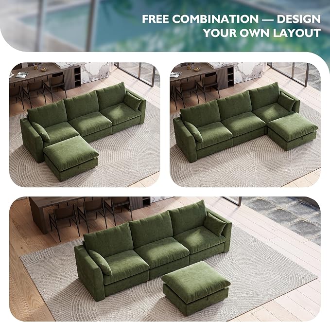 Ihanherry 117" Oversized Modular Sectional Sofa, Modern L Shaped Cloud Couch with Storage Ottoman, 4-Seat Comfy Chenille Deep Seat Sofa with 2 Pillows for Living Room, Green