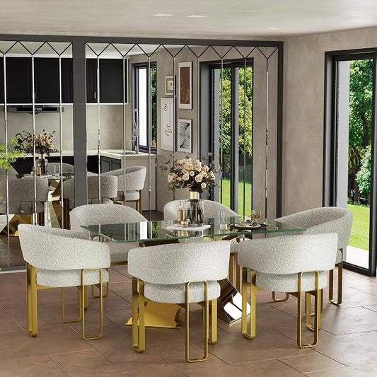 Off White Boucle Dining Chair, Barrel Upholstered Kitchen & Dining Room Chairs with Armrest, U-Shaped Brushed Gold Metal Legs(Set of 7)