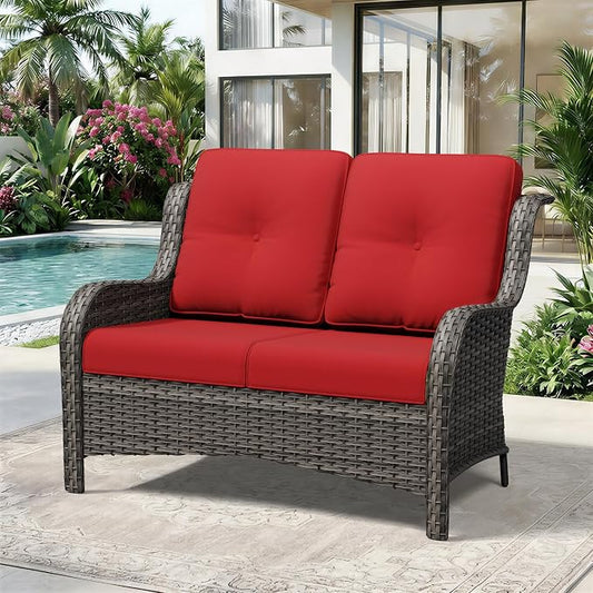 Wicker Patio Loveseat, 2 Seat Outdoor Couch with Thickened Olefin Cushions, High Back and Deep Seating, Hand-Woven PE Rattan for Porch, Deck, Balcony