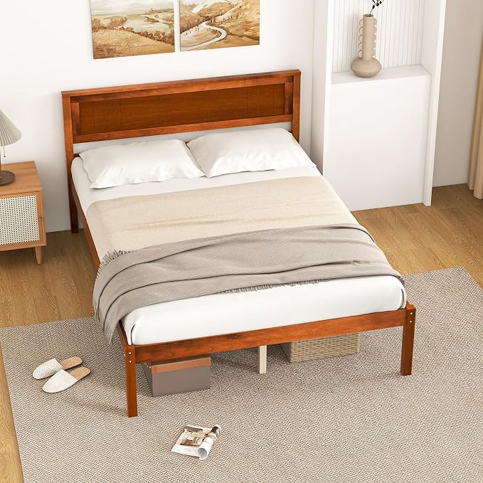 Giantex Full Size Wood Platform Bed with Headboard, Mid Century Solid Wood Full Bed with Slat Support, Double Bed Frame with 16" Under Bed Storage, No Box Spring Needed, Easy Assembly, Walnut
