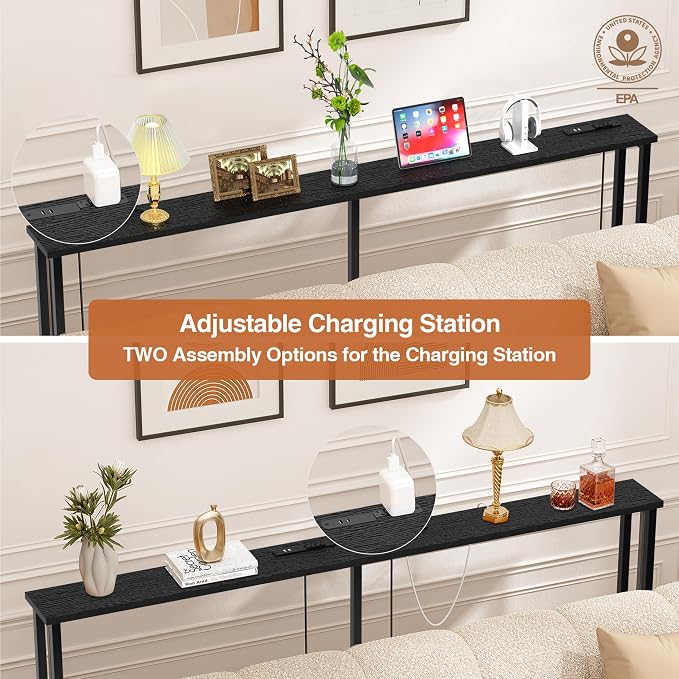 Keelian 90" Narrow Sofa Table - 2 Power Outlets & 4 USB Ports, Metal Frame,Perfect for Hallway, Office, and Behind Sofa - Easy Assembly, 4.9ft Extension Cord Included Black
