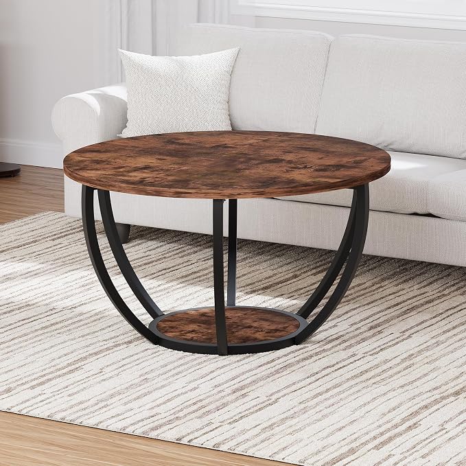 HOMERECOMMEND 28" Round Coffee Table with Storage,2-Tier Wood Accent Center Table for Living Room,Sofa Table for Home Office, Brown