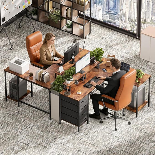 Korfile 59 inch L Shaped Computer Desk with Power Outlets, Home Office Desk with 4 Adjustable Storage Drawers & 2 Monitor Stands, Two Person Gaming Table for Bedroom, Rustic Brown