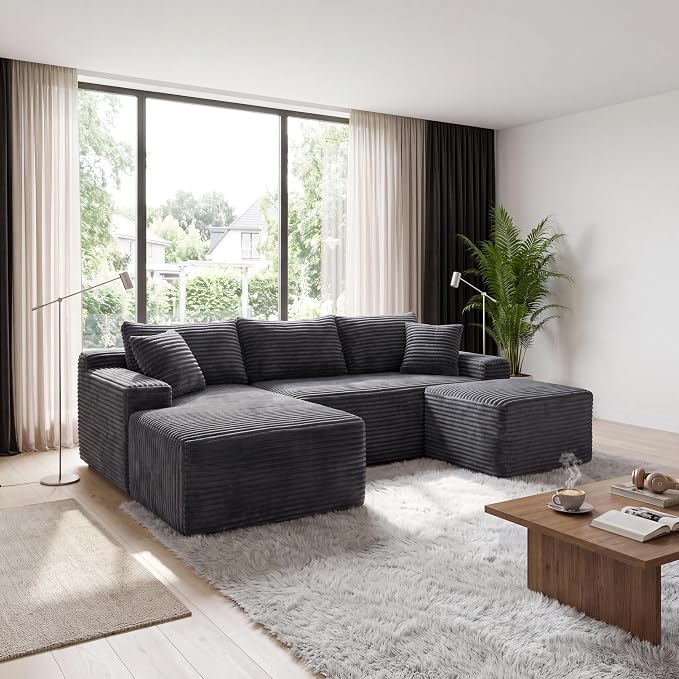 106-Inch Oversized U-Shaped Left Facing Corner Compressed Sofa Modular Boneless Cloud Sectional Sofa Floor Foam Couch W/Chaise & Ottoman, Corduroy Corner Boneless Cloud Couch