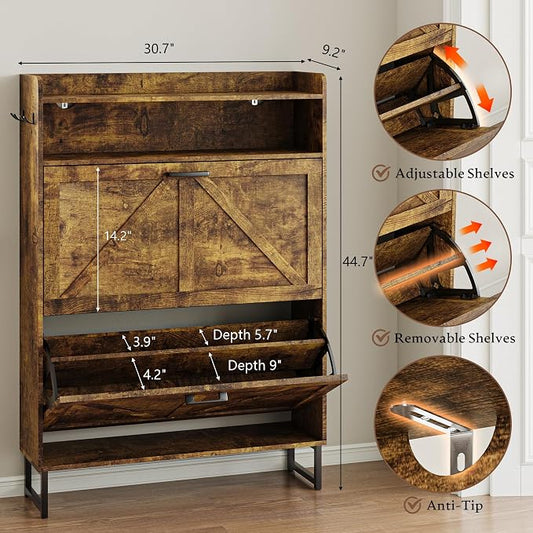 BORNOON Shoe Cabinet with 2 Flip Drawers Narrow Shoe Storage Cabinet Organizer Wooden Freestanding Rack Hidden Slim Storage for Entryway, Hallway, Living Room, Bedroom (Brown)