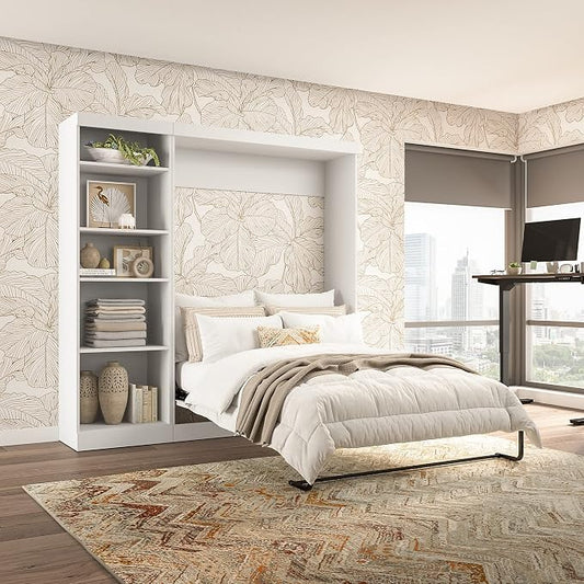 Bestar Pur Full Size Murphy Bed with Shelving Unit (84W) in White, Space-Saving Sleeping Arrangement for Multipurpose Bedroom