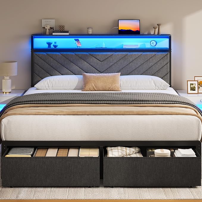 Fluest Queen Bed Frame with 2 Drawers, Upholstered Headboard with Storage and Charging Station, LED Lights, Fabric Drawers with Wheels, Under Bed Storage, No Box Spring Needed, Easy Assembly, Grey