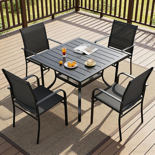 SUNCROWN 5 Pieces Outdoor Dining Set, Patio Furniture Set with 4 x Textilene Dinning Chairs and 1 Steel Slat Metal Bistro Table for Lawn Garden Backyard Poolside Deck, Black