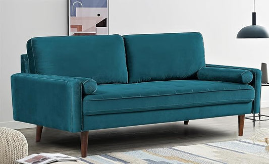 Container Furniture Direct Velvet Tufted Sofas for Living Room, Classic Mid-Century Style with Modern Silhouette, Button Tufting and Wood Legs, Includes 2 Bolster Pillows, Couch, Greenish Blue